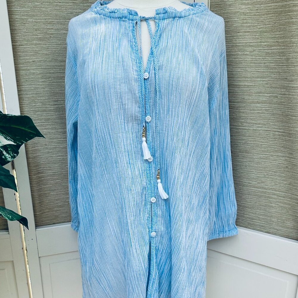 Tommy Bahama Cotton Gauze Cover Up L Blue White Tassel Beach Resort Tunic Dress